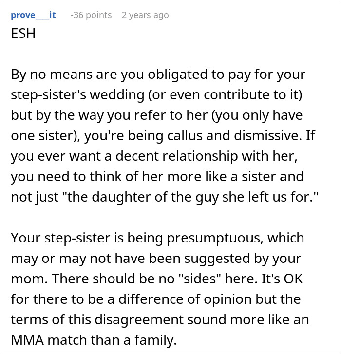 Guy Refuses To Fund Stepsister&rsquo;s Wedding, Calls Out Mom&rsquo;s Choices When She Protests