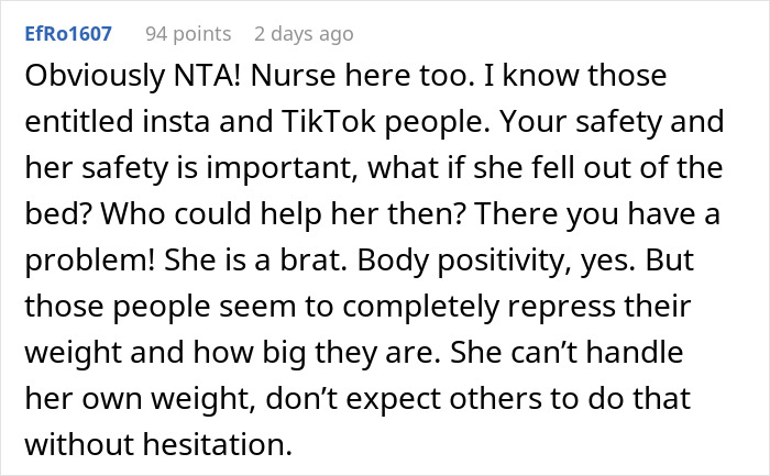 Text comment discussing an obese patient, with references to a nurse and influencer, expressing concerns about safety.