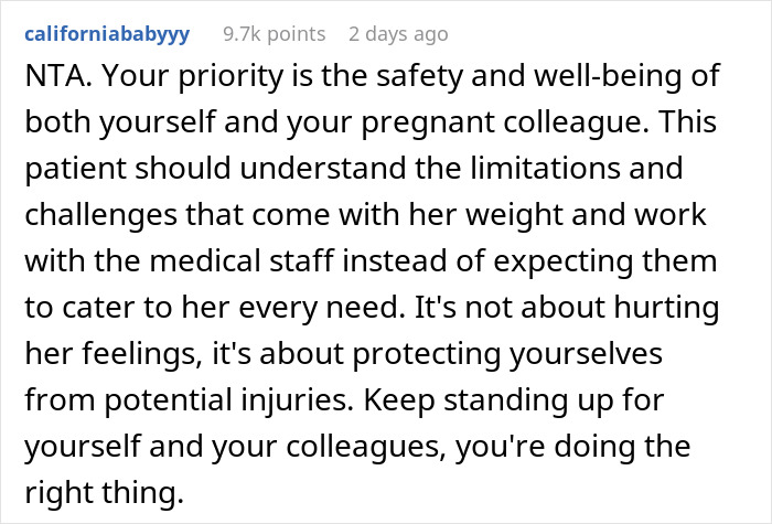 Comment discussing the challenges faced by a nurse with an obese patient.