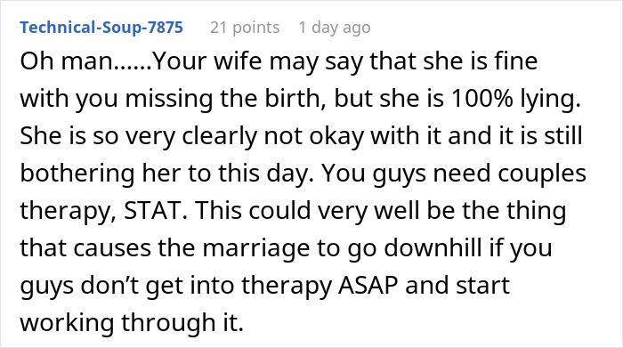 Husband Asks Wife To Get Over The Fact That He Missed Daughter's Birth: "Every Single Time" Husband Asks Wife To Get Over The Fact That He Missed Daughter's Birth: "Every Single Time"