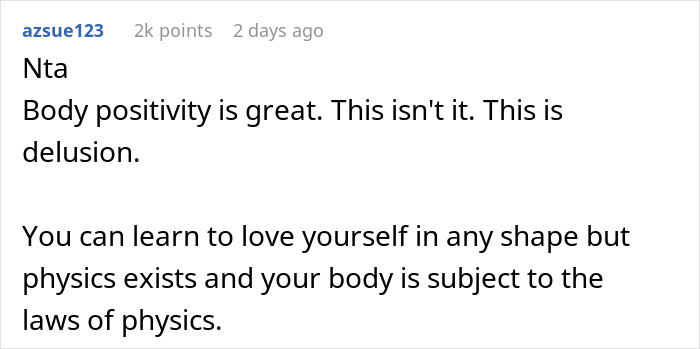 A comment discussing body positivity and the realities of physics, reflecting on self-love and delusion.