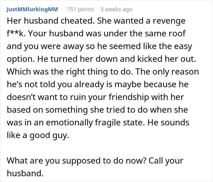 Text of a forum user's comment discussing a friend’s betrayal and a husband’s honest response. Text of a forum user's comment discussing a friend’s betrayal and a husband’s honest response.
