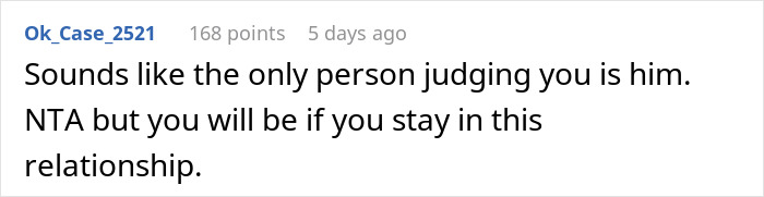 Reddit comment discussing judgment in a relationship about a girlfriend's sleeve tattoo.