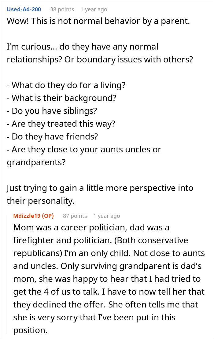 Reddit comment discussing parents' ultimatum, daughter choosing boyfriend, and family dynamics. Reddit comment discussing parents' ultimatum, daughter choosing boyfriend, and family dynamics.