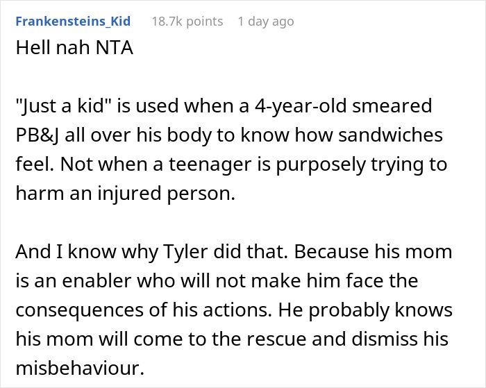 13YO Pulls Crutches Out Of Cousin's Hands And Throws Them Down Stairs, Mom Defends Him