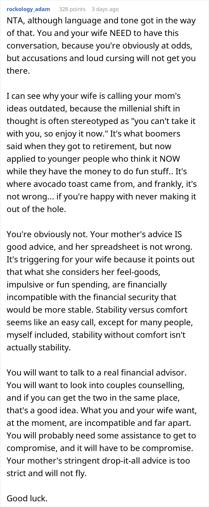 Reddit comment thread about family financial decision conflict, discussing wife's spending habits and advice from husband&rsquo;s mom.