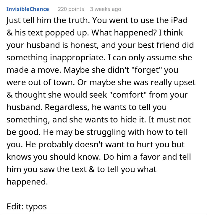Text discussing best friend's inappropriate move towards a husband, suggesting honesty. Text discussing best friend's inappropriate move towards a husband, suggesting honesty.