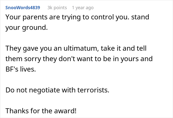 Text post discussing parental control and ultimatum about choosing between parents and boyfriend. Text post discussing parental control and ultimatum about choosing between parents and boyfriend.