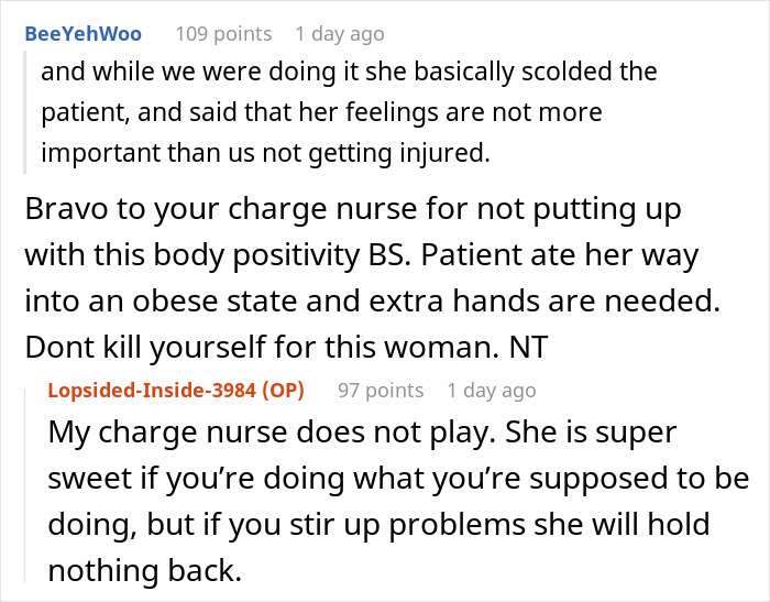 Text exchange discussing an obese patient, charge nurse's actions emphasized.