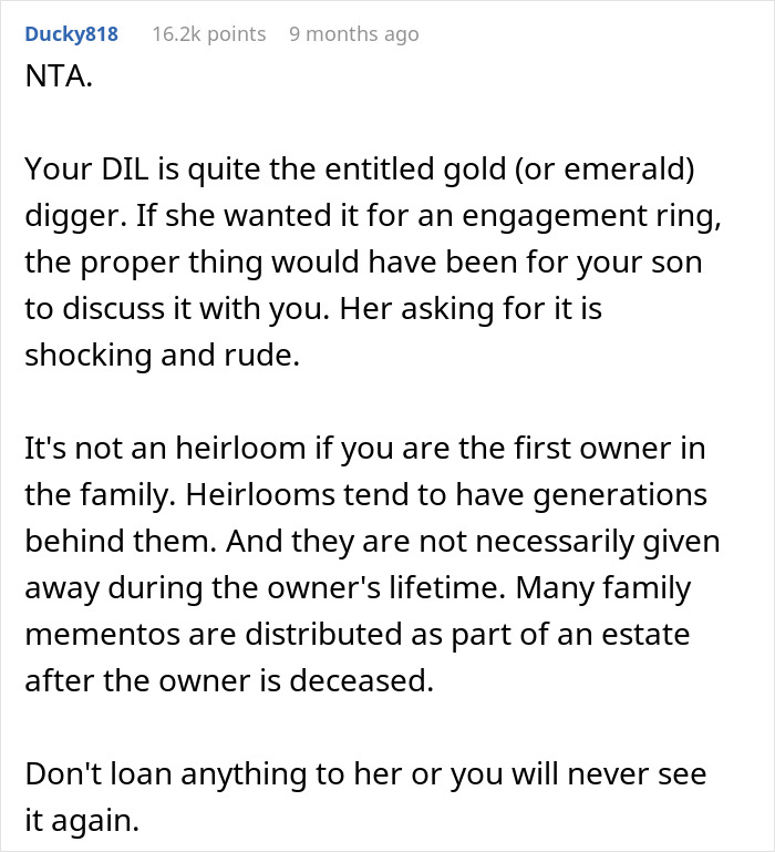 DIL Demands That MIL Give Up Her Emerald Ring As An Heirloom Engagement Ring, Is Told To Get Out