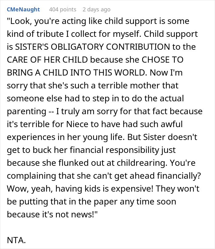 "I Don't Want To Let It Go": Guy Won't Change His Mind Over Child Support From Sister For Her Kid