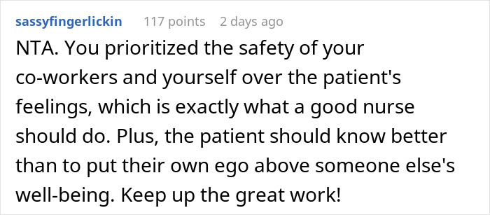 Comment from a user applauding a nurse's decision to prioritize safety over an obese patient's feelings.