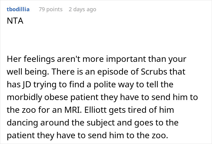 Reddit comment discussing an episode of Scrubs about an obese patient and medical procedures.