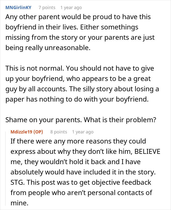 Reddit discussion about parents' ultimatum, daughter chooses boyfriend over them. Reddit discussion about parents' ultimatum, daughter chooses boyfriend over them.