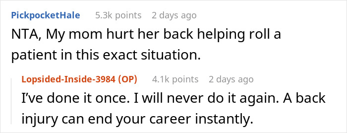 Comments discussing experiences with lifting obese patients and related back injuries.