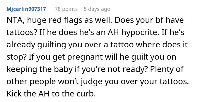 Reddit comment discussing relationship issues over a girlfriend's sleeve tattoo and the boyfriend's negative attitude.