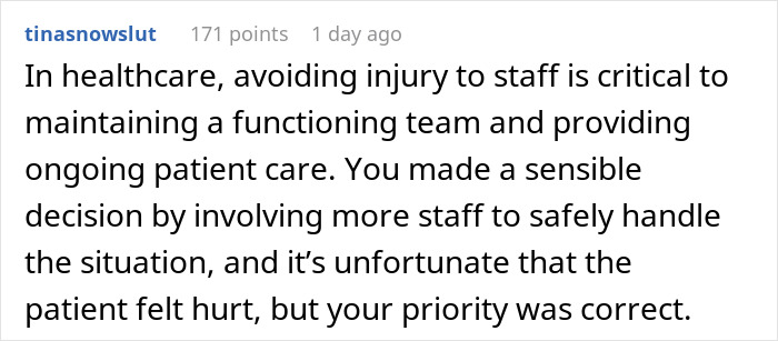 Comment discussing patient care and staff safety, related to obese patient and nurse handling.