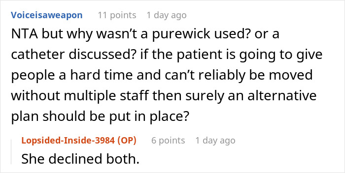 A Reddit conversation about patient care preferences between a nurse and influencer.