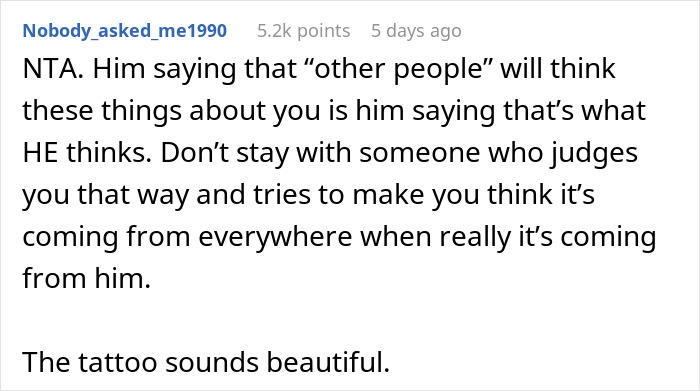 Commentary on a relationship issue regarding a sleeve tattoo.