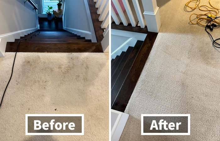 Before and after carpet cleaning showing effective genius hacks for hiding ugly stains and improving home appearance.