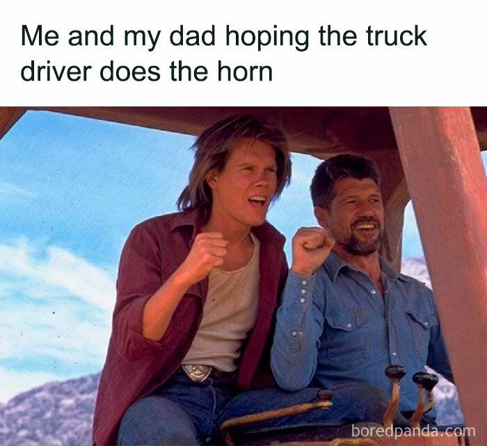 Dad meme showing father and son excitedly signaling truck driver, capturing nostalgic bonding over a fun moment.