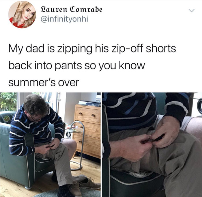 A dad zips his zip-off shorts back into pants in a humorous meme about seasonal change, proving dads are the funniest.