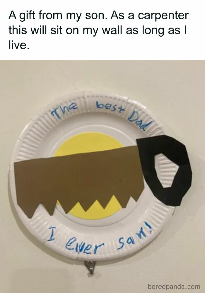Heartfelt dad meme with a handmade paper plate gift featuring a saw-shaped decoration and a pun from a son to his carpenter father.