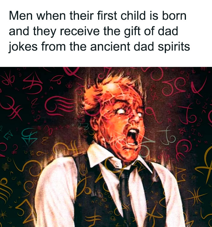 A dad meme depicting a man receiving magical dad jokes as he becomes a father for the first time, humorously overwhelmed.
