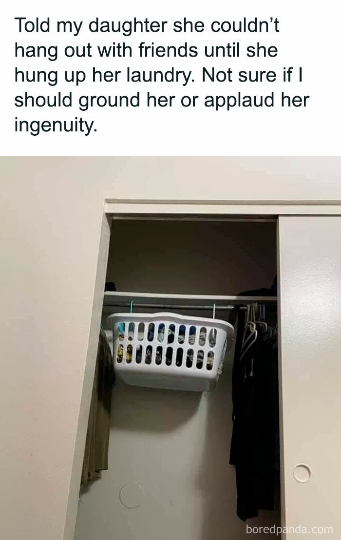 Dad meme showing clever laundry hanging solution with basket hooked in closet.