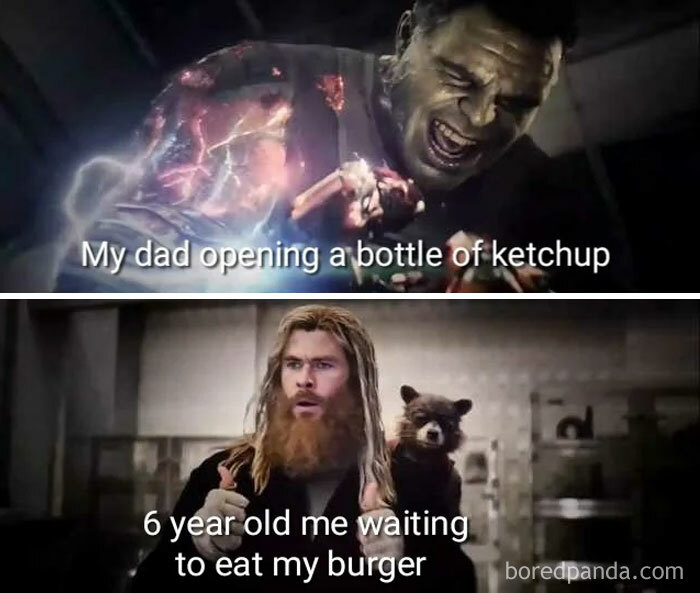 Dad meme of Hulk struggling to open ketchup, with Thor and Rocket Raccoon waiting, humorously showing dad's efforts.