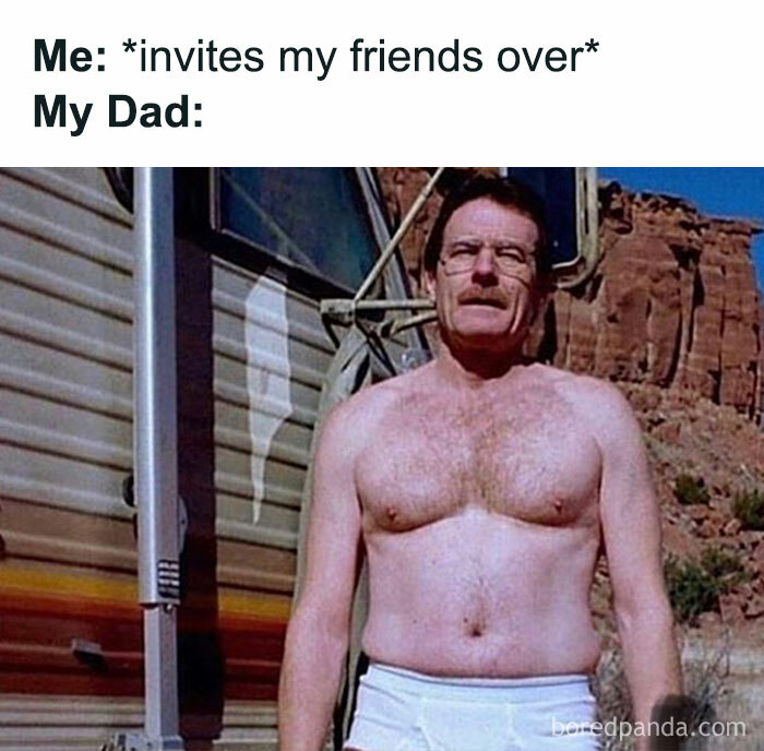 Dad meme humor: child invites friends, dad stands outside in underwear, capturing classic funny dad moments.