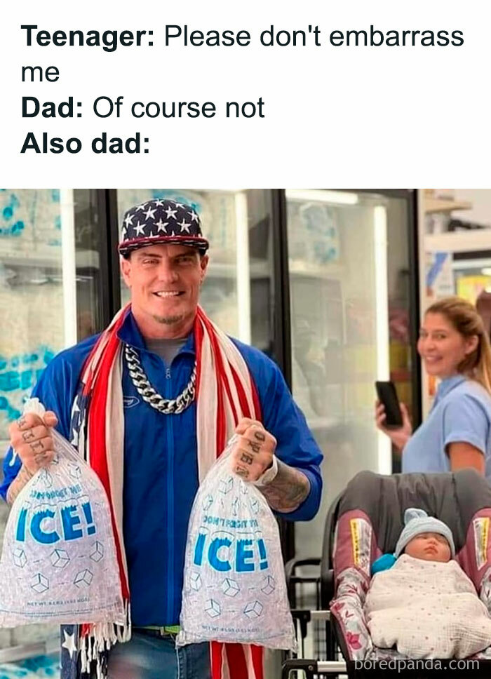 Dad meme: a flamboyant dad with American flag attire and bags of ice, humorously embarrassing a teenager, woman amused.