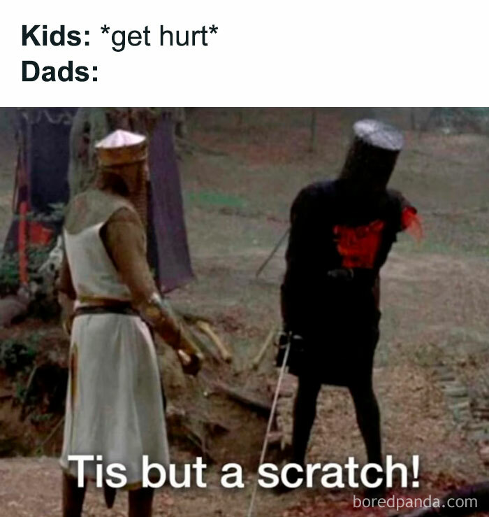 Dad meme with "Monty Python" scene, Black Knight saying "Tis but a scratch!" humorously downplaying kids' injuries.