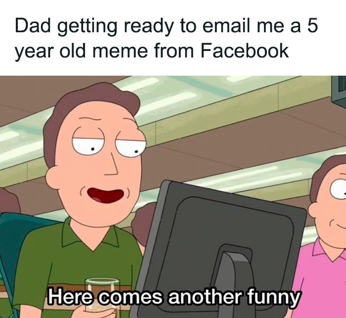 Animated dad smiling at computer, ready to share an outdated meme, humorously capturing the dad joke stereotype.