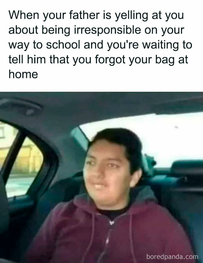 Kid in car with nervous smile, dad meme humor about forgetting bag at home while being scolded for irresponsibility.