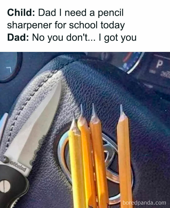 Dad meme showing a humorous car dashboard pencil sharpening solution with a knife, showcasing dad's improvisation.