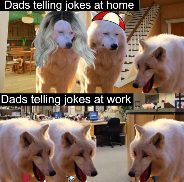Dad meme shows wolves humorously comparing joke styles at home versus work settings.