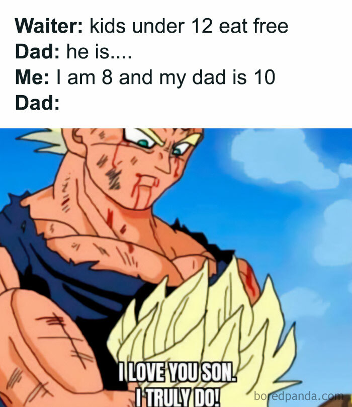 Anime dad meme showing a proud father reacting humorously to his son's clever idea for a free meal at a restaurant.