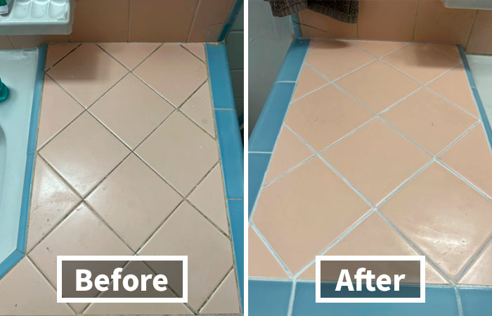 Before and after tile grout cleaning showing genius hacks for hiding ugly grout stains in a bathroom floor corner.