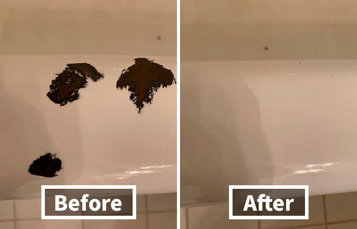 Before and after images showing genius hacks for hiding ugly rust spots on a white surface effectively removed and restored.
