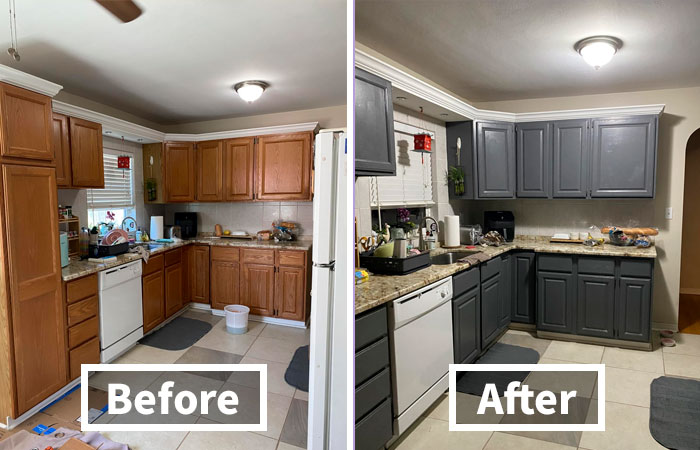Before and after kitchen makeover showing genius hacks for hiding ugly stuff with painted cabinets and organized countertops.