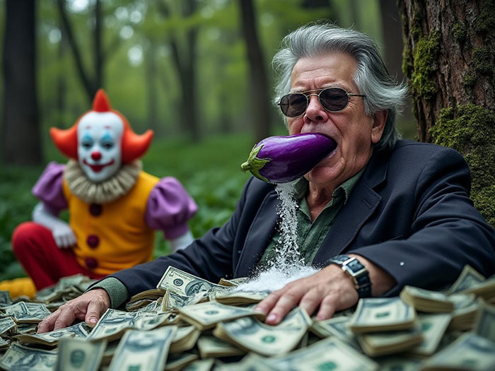 Man with eggplant in mouth and clown in background, surrounded by money&mdash;AI-generated image involving Elon Musk and Stephen King.