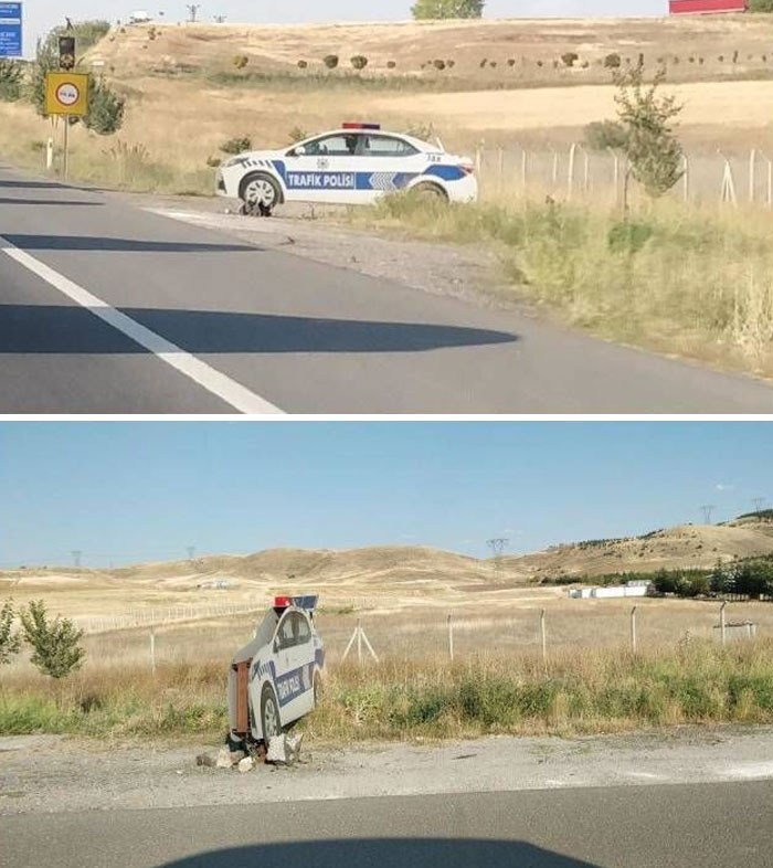 Hilarious car-related meme with a cardboard cutout of a police car on a rural roadside.