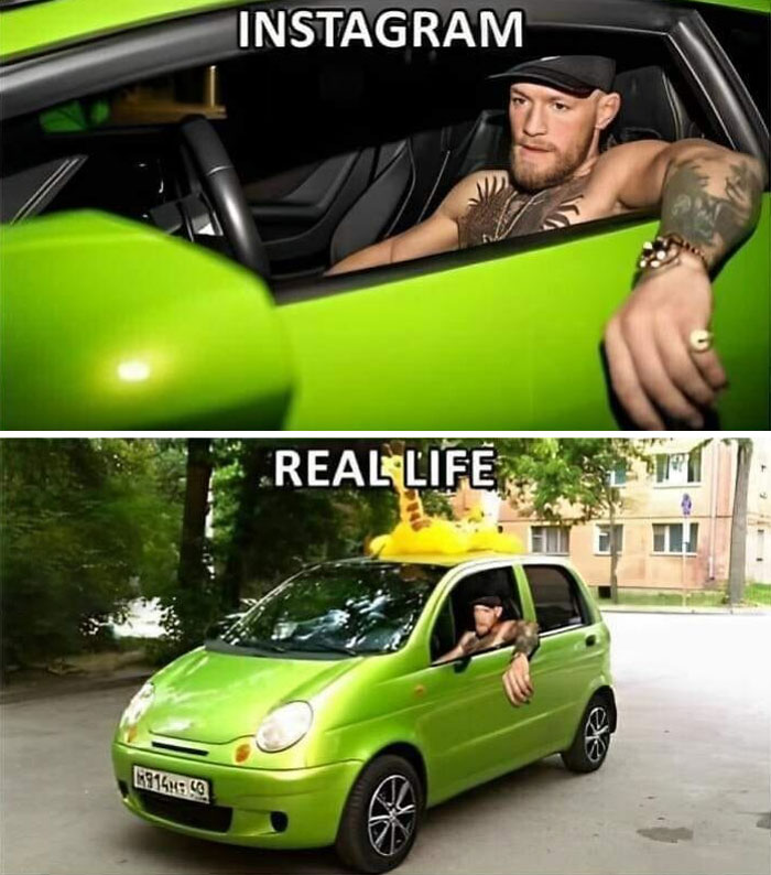 Hilarious car-related meme comparing Instagram vs real life with a green car and a small cartoonish vehicle.