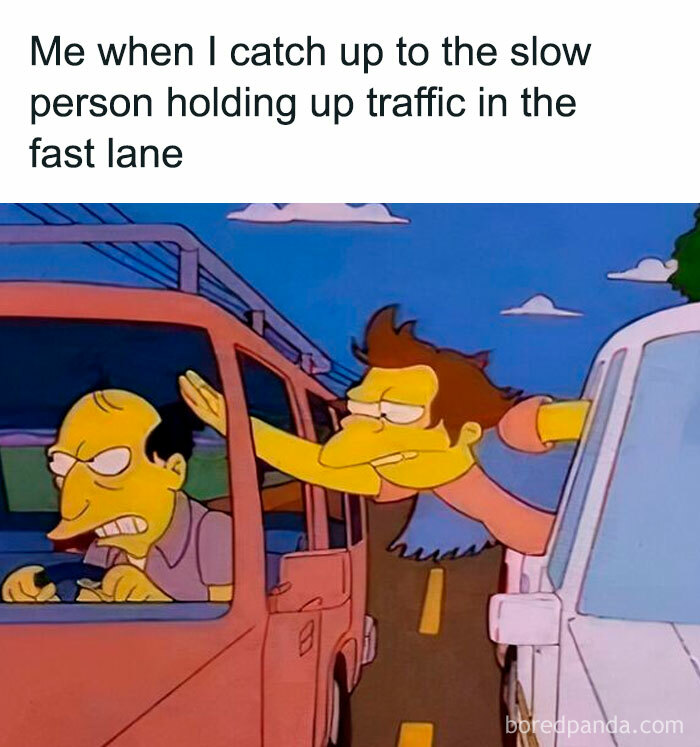 Cartoon characters in traffic, capturing frustrating car-related meme humor for drivers.