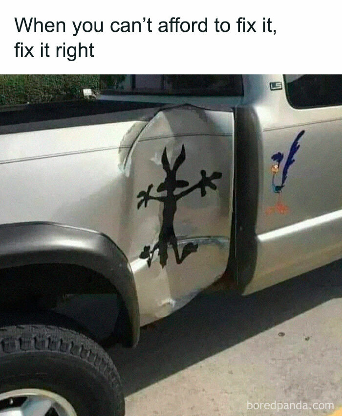 Damaged car door humorously decorated with cartoon characters for a hilarious car-related meme.