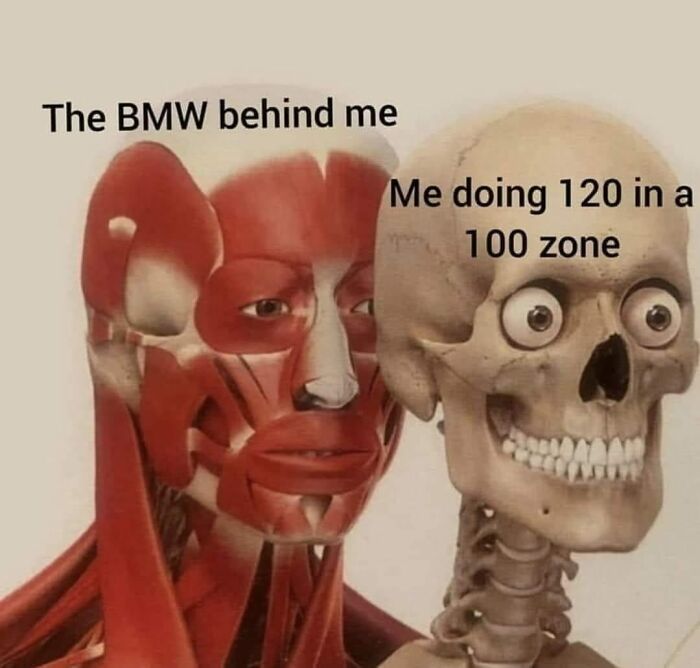 Two anatomy models with text about a BMW chasing a car speeding in a 100 zone. Car-related meme humor for drivers.
