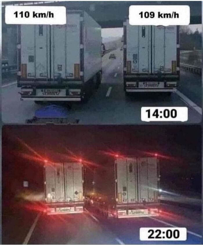 Two trucks driving at different speeds side by side; humorous car-related meme for drivers to enjoy.