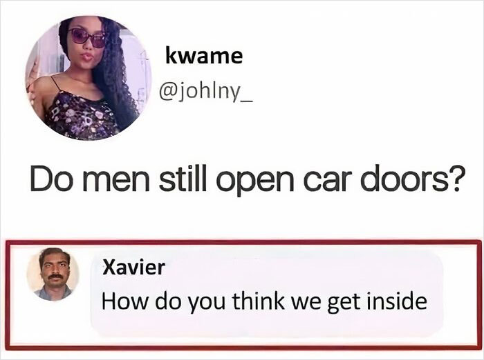 Hilarious car-related meme about men opening car doors with a funny reply.