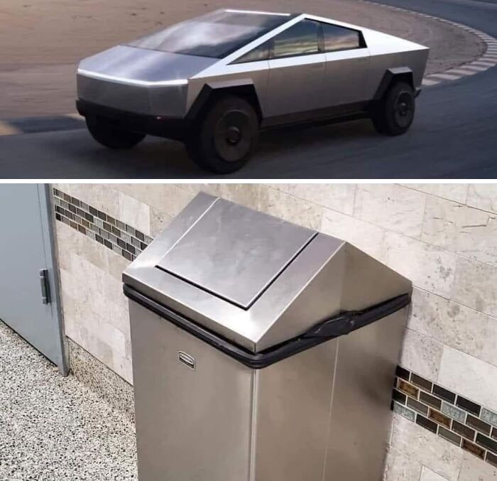 Car-related meme comparing a futuristic Tesla vehicle to a stainless steel trash can.